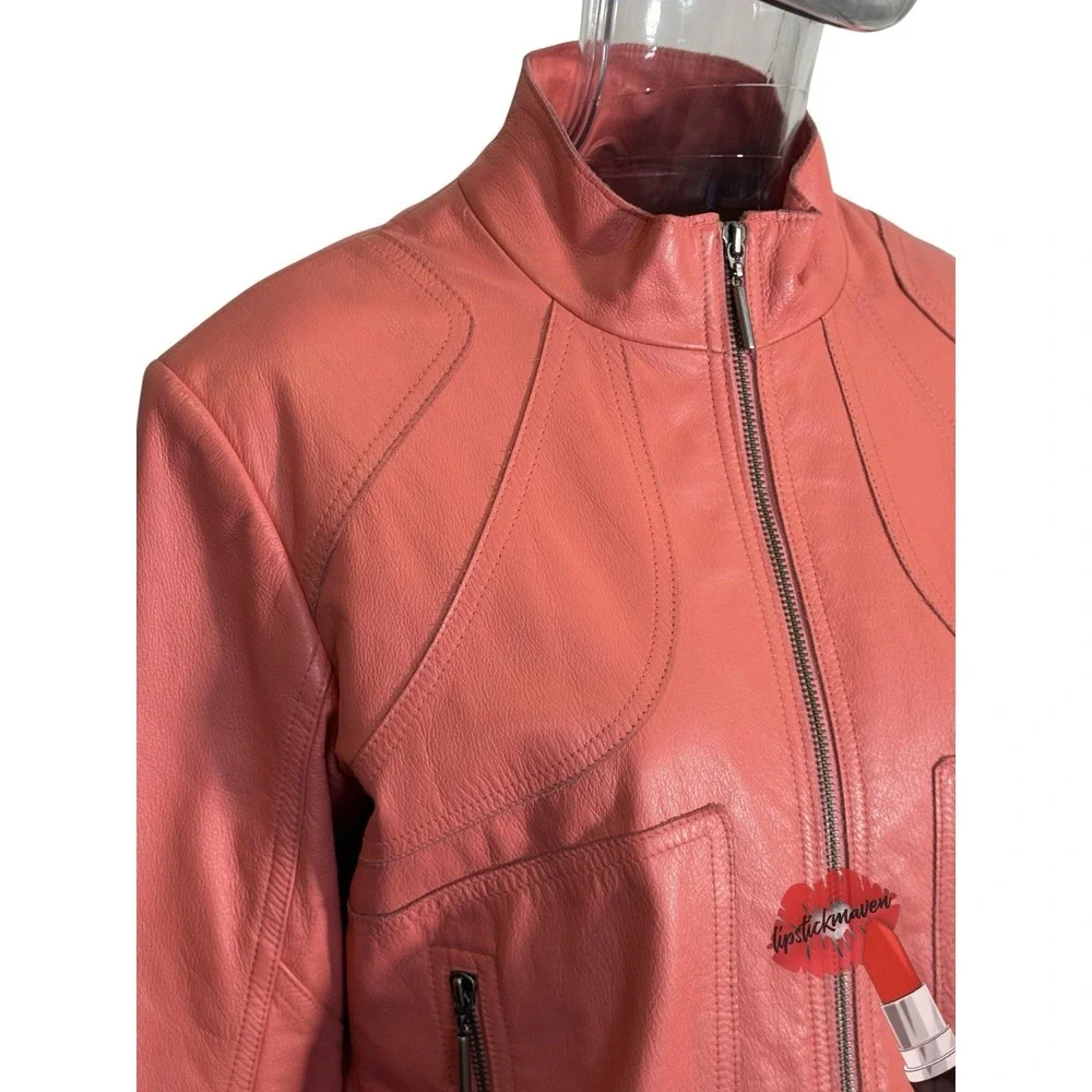 Wilsons Leather Maxima Moto Jacket‎ Womens Large Orange Biker Collarless Zip Up